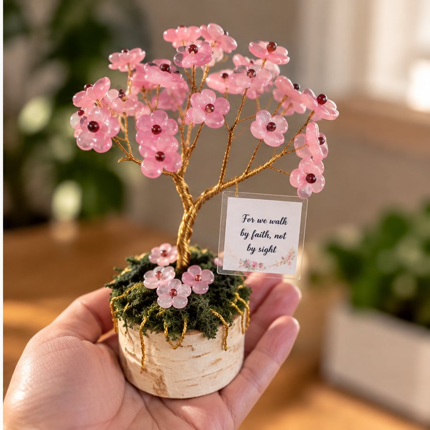 Árbol pequeño de cerezo rosa en la palma de una mano